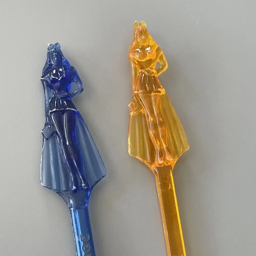 Rare 2 Vintage Figural Lady Ritz SHERATON LOUNGE Swizzle Stir Stick & Spoon